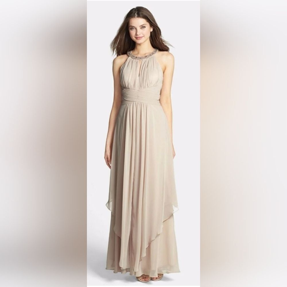 Eliza J Embellished Tiered Chiffon Halter Gown Dress NWT Sz 10 Champagne